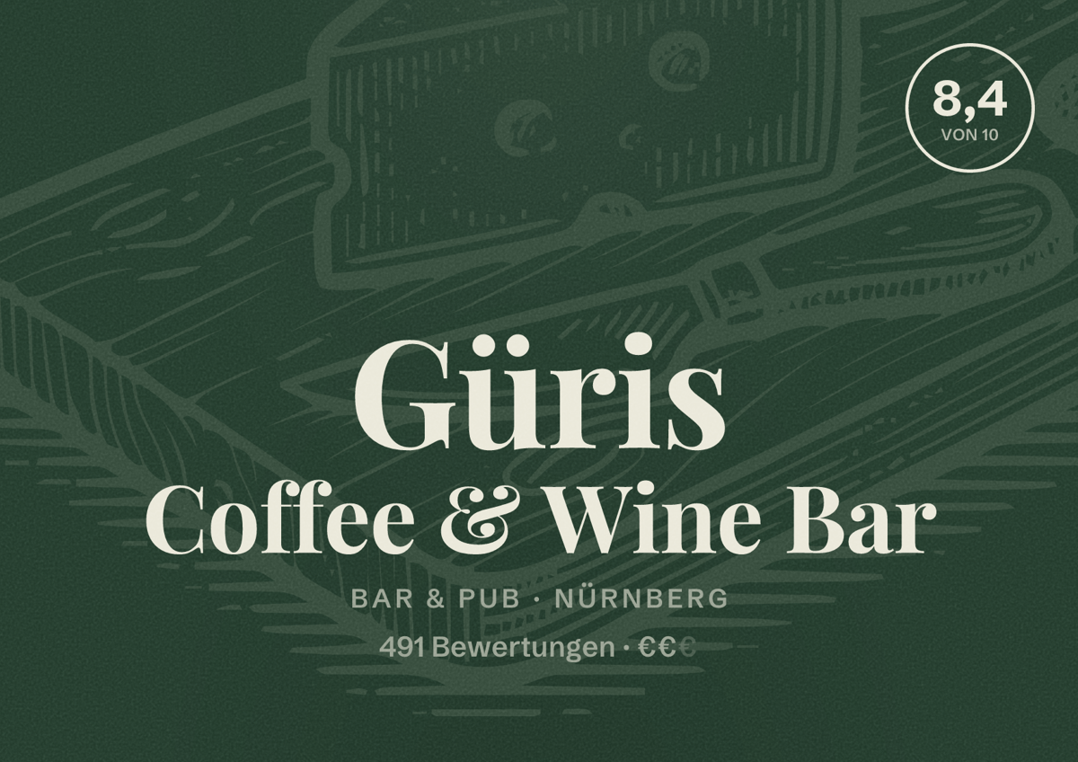 Illustriertes Poster von Güris Coffee & Wine Bar, Bar & Pub in Nürnberg: Bewertung 8,4 von 10 aus 491 Bewertungen, Preisniveau €€