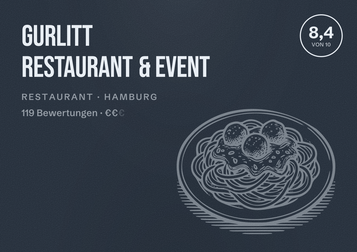 Illustriertes Poster von Gurlitt Restaurant & Event, Restaurant in Hamburg: Bewertung 8,4 von 10 aus 119 Bewertungen, Preisniveau €€