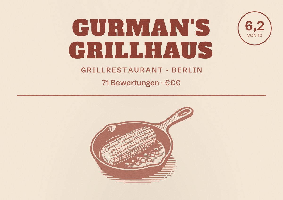 Illustriertes Poster von Gurman's Grillhaus, Grillrestaurant in Berlin: Bewertung 6,2 von 10 aus 71 Bewertungen, Preisniveau €€€