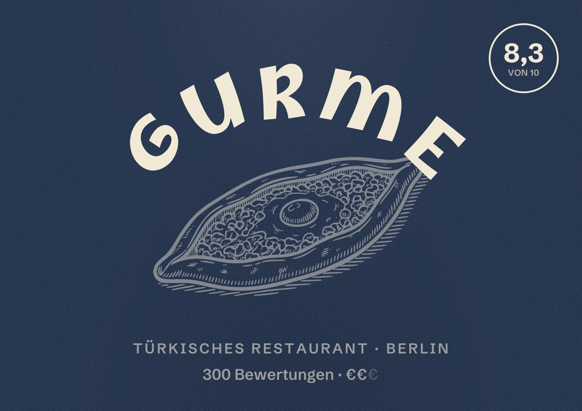 Illustriertes Poster von GURME, Türkisches Restaurant in Berlin: Bewertung 8,3 von 10 aus 300 Bewertungen, Preisniveau €€