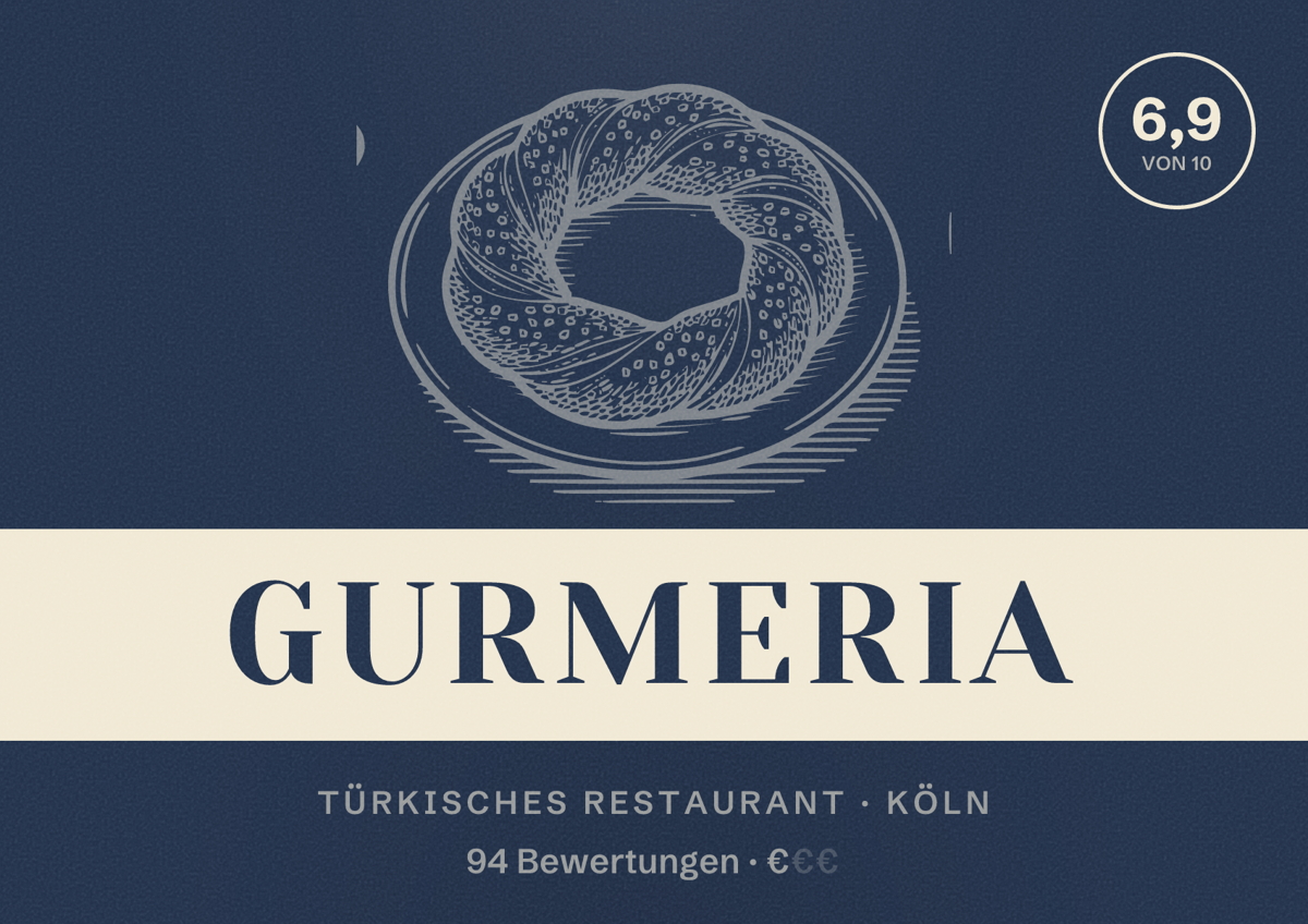 Illustriertes Poster von Gurmeria, Türkisches Restaurant in Köln: Bewertung 6,9 von 10 aus 94 Bewertungen, Preisniveau €