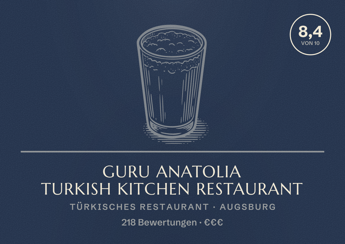 Illustriertes Poster von Guru Anatolia Turkish Kitchen Restaurant, Türkisches Restaurant in Augsburg: Bewertung 8,4 von 10 aus 218 Bewertungen, Preisniveau €€€