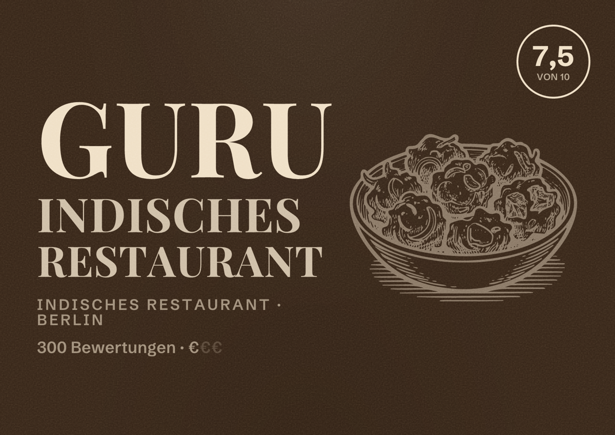 Illustriertes Poster von Guru Indisches Restaurant, Indisches Restaurant in Berlin: Bewertung 7,5 von 10 aus 300 Bewertungen, Preisniveau €