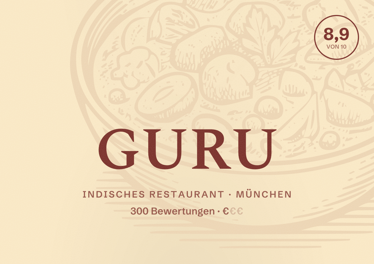 Illustriertes Poster von GURU, Indisches Restaurant in München: Bewertung 8,9 von 10 aus 300 Bewertungen, Preisniveau €