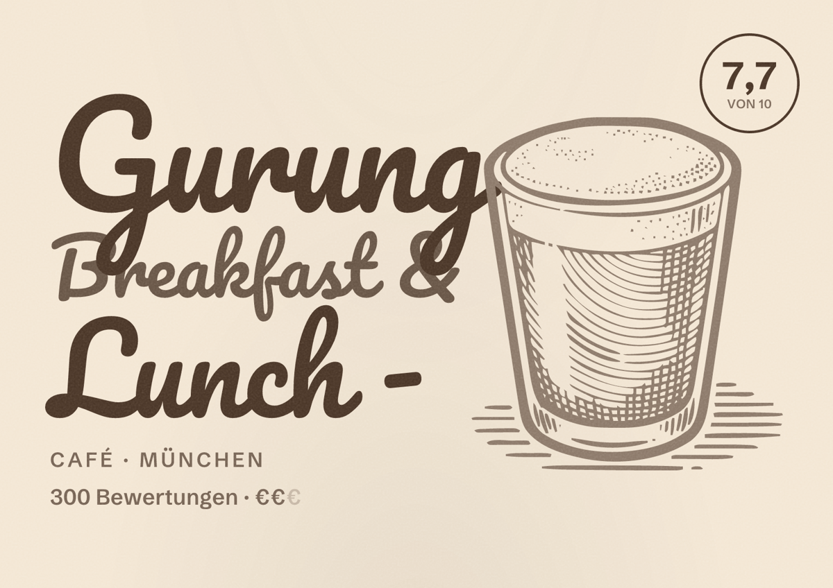 Illustriertes Poster von Gurung Breakfast & Lunch -, Café in München: Bewertung 7,7 von 10 aus 300 Bewertungen, Preisniveau €€