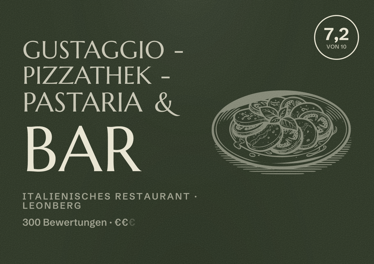 Illustriertes Poster von Gustaggio - Pizzathek - Pastaria & Bar, Italienisches Restaurant in Leonberg: Bewertung 7,2 von 10 aus 300 Bewertungen, Preisniveau €€