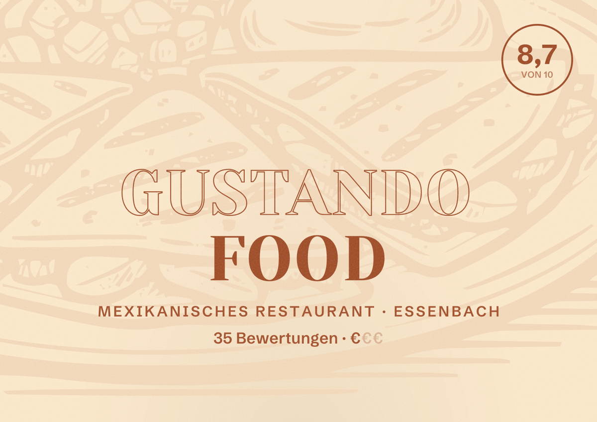 Illustriertes Poster von Gustando Food, Mexikanisches Restaurant in Essenbach: Bewertung 8,7 von 10 aus 35 Bewertungen, Preisniveau €