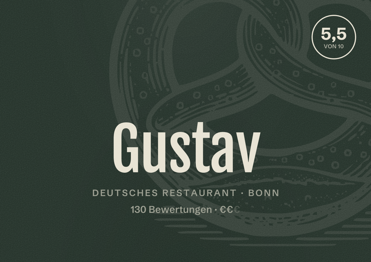 Illustriertes Poster von Gustav, Deutsches Restaurant in Bonn: Bewertung 5,5 von 10 aus 130 Bewertungen, Preisniveau €€