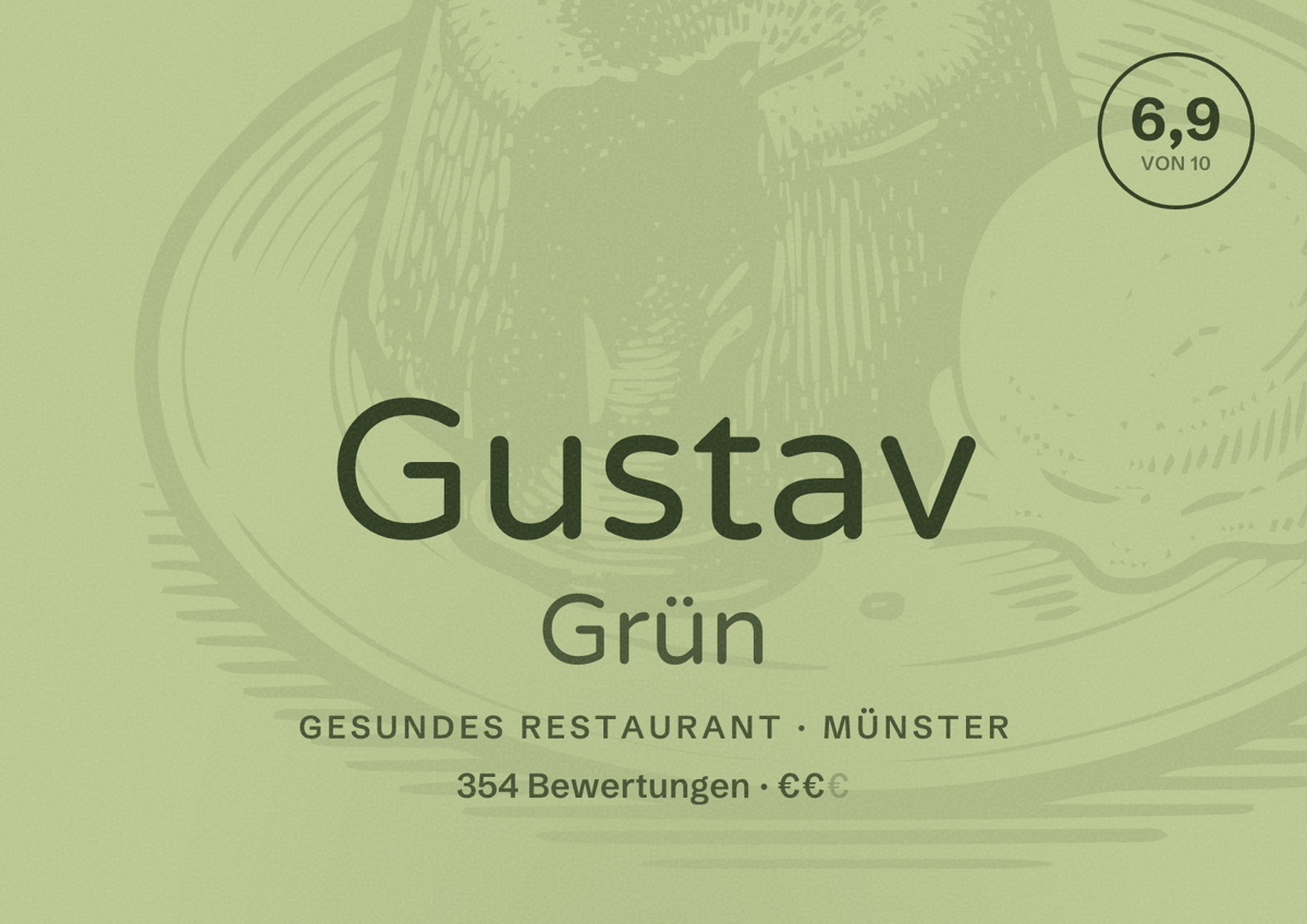 Illustriertes Poster von Gustav Grün, Gesundes Restaurant in Münster: Bewertung 6,9 von 10 aus 354 Bewertungen, Preisniveau €€