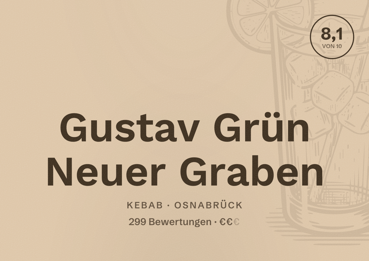 Illustriertes Poster von Gustav Grün Neuer Graben, Kebab in Osnabrück: Bewertung 8,1 von 10 aus 299 Bewertungen, Preisniveau €€