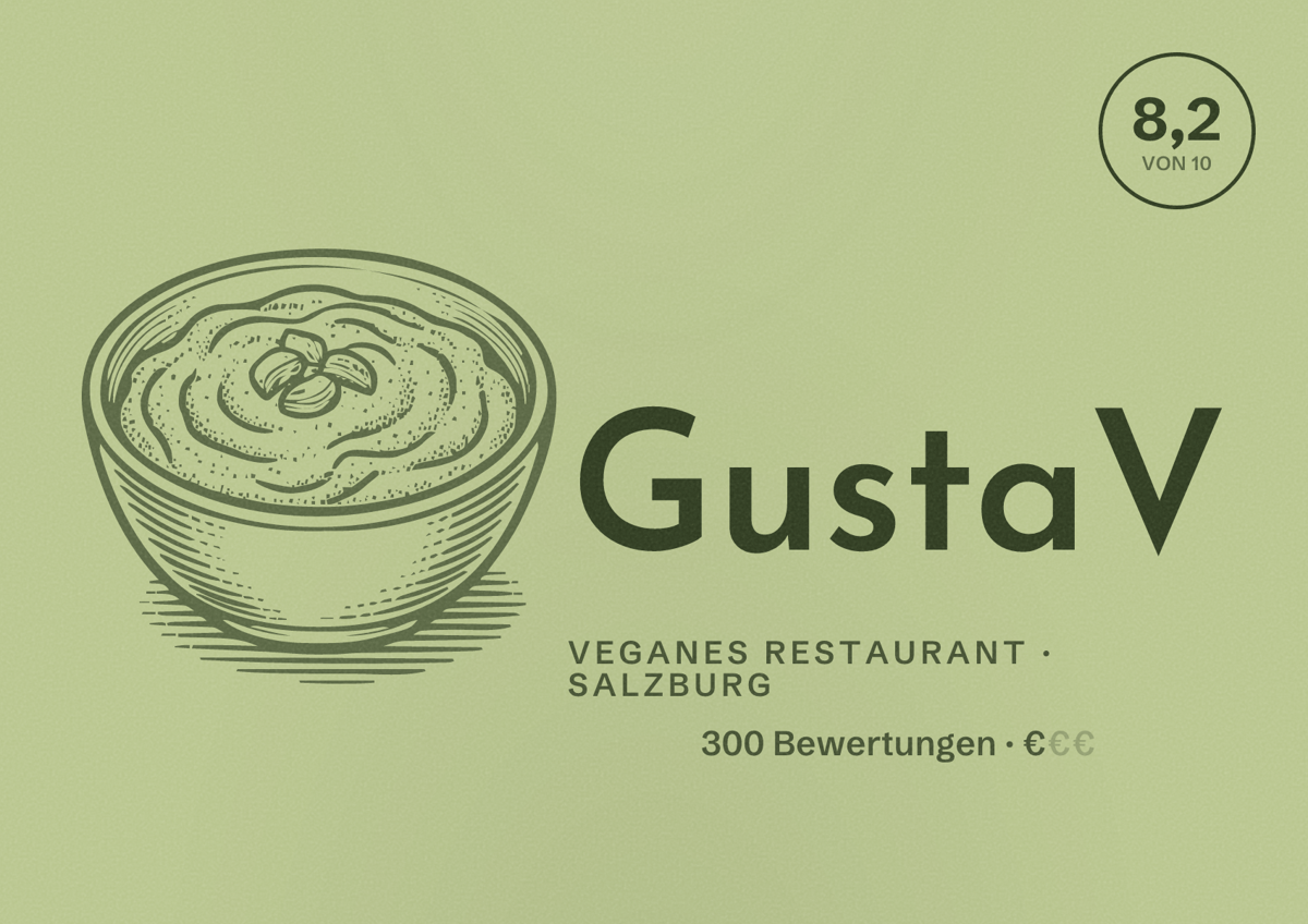 Illustriertes Poster von GustaV, Veganes Restaurant in Salzburg: Bewertung 8,2 von 10 aus 300 Bewertungen, Preisniveau €