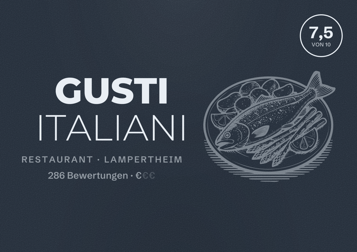 Illustriertes Poster von GUSTI ITALIANI, Restaurant in Lampertheim: Bewertung 7,5 von 10 aus 286 Bewertungen, Preisniveau €