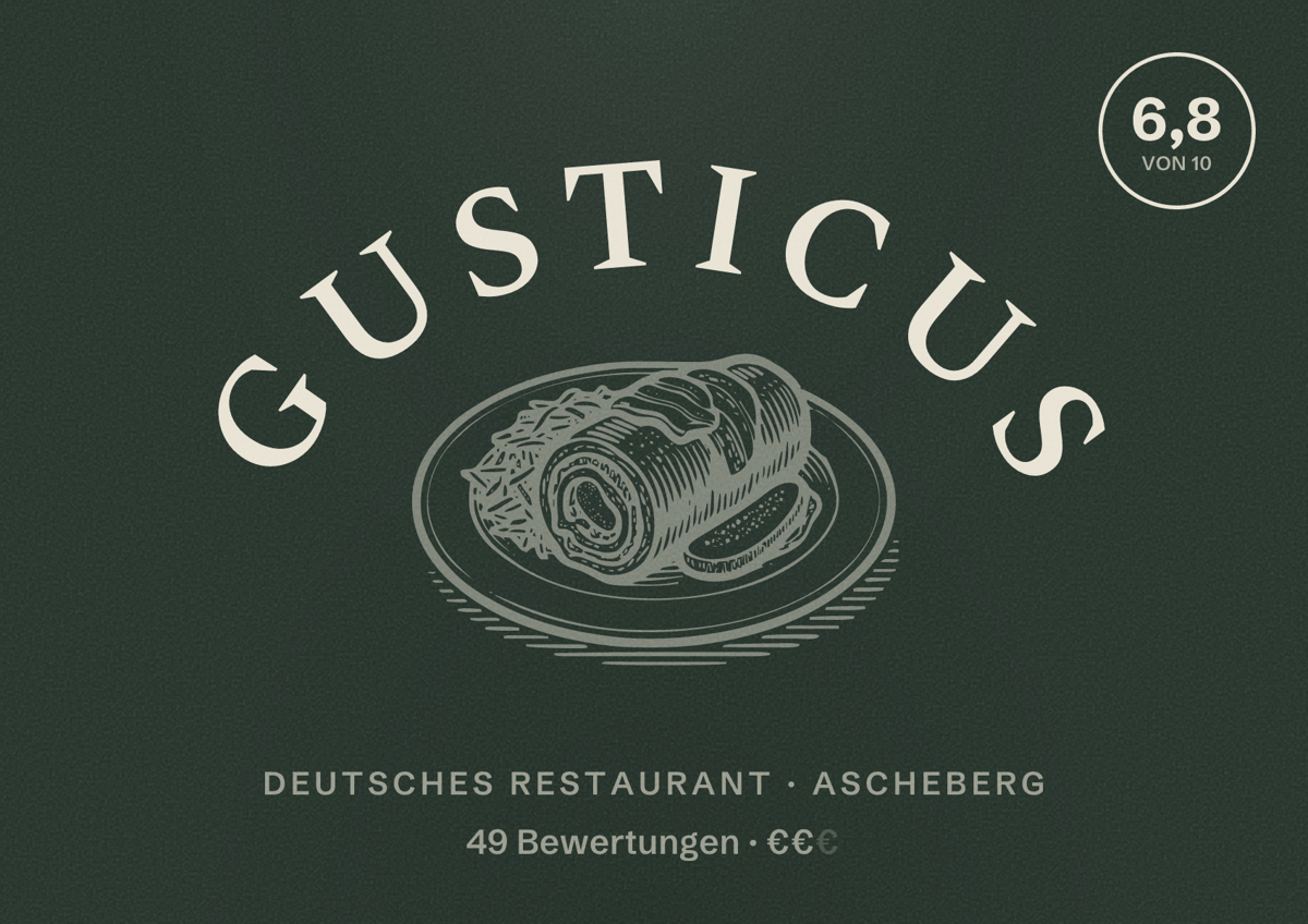 Illustriertes Poster von Gusticus, Deutsches Restaurant in Ascheberg: Bewertung 6,8 von 10 aus 49 Bewertungen, Preisniveau €€