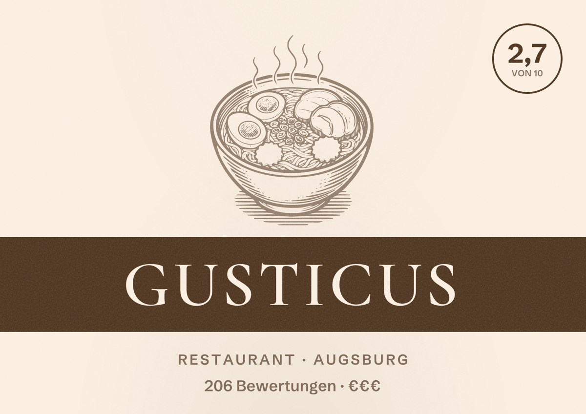Illustriertes Poster von Gusticus, Restaurant in Augsburg: Bewertung 2,7 von 10 aus 206 Bewertungen, Preisniveau €€€