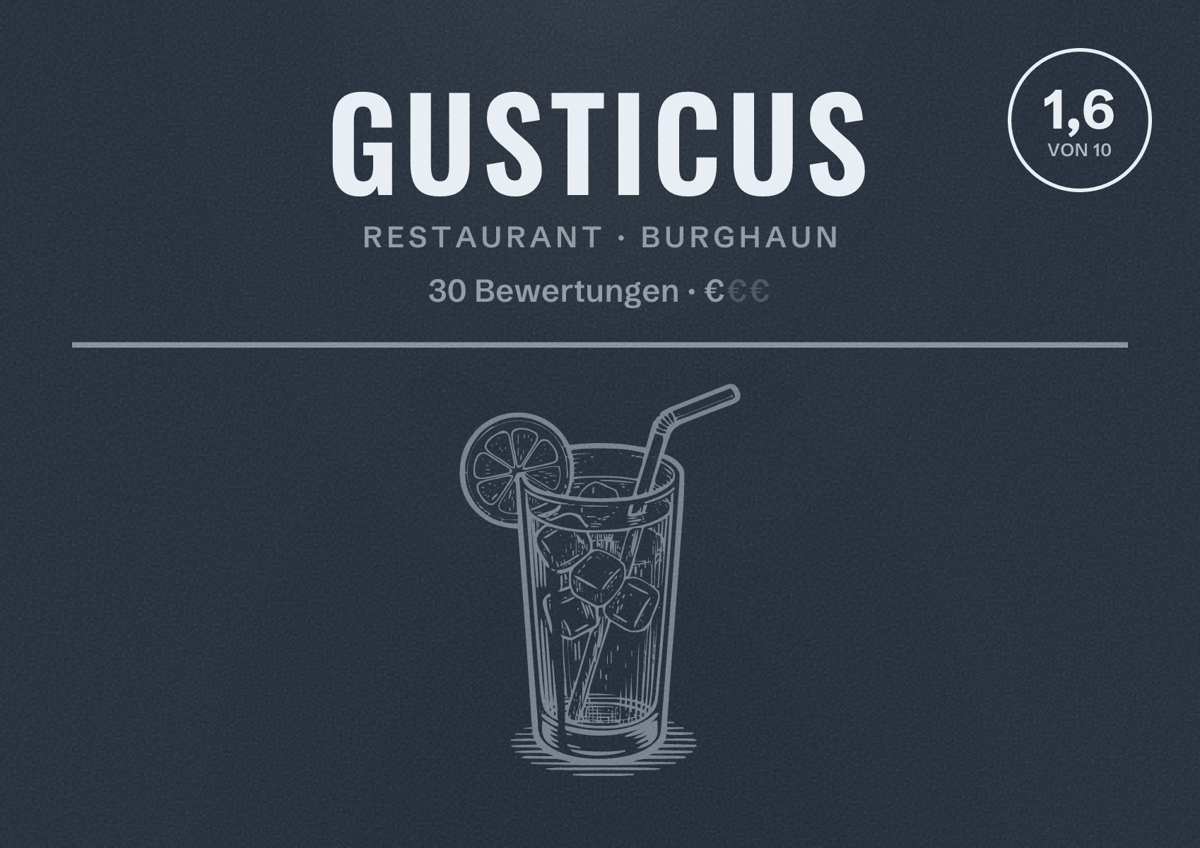 Illustriertes Poster von Gusticus, Restaurant in Burghaun: Bewertung 1,6 von 10 aus 30 Bewertungen, Preisniveau €