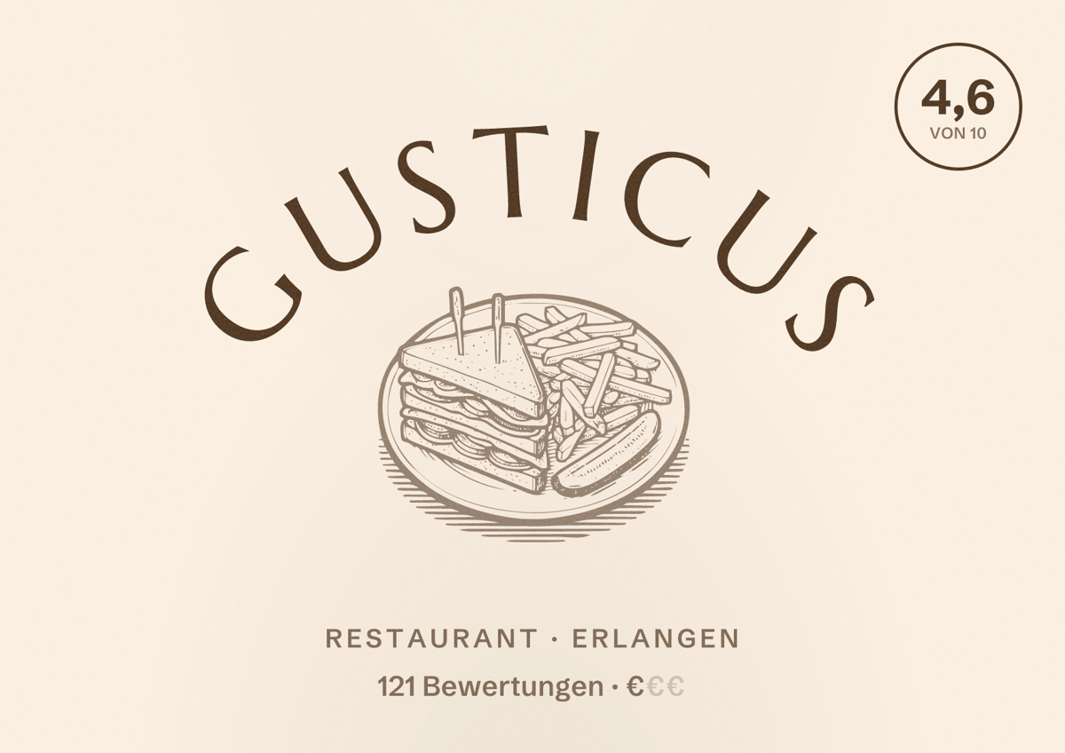 Illustriertes Poster von Gusticus, Restaurant in Erlangen: Bewertung 4,6 von 10 aus 121 Bewertungen, Preisniveau €