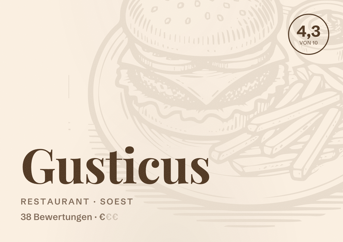 Illustriertes Poster von Gusticus, Restaurant in Soest: Bewertung 4,3 von 10 aus 38 Bewertungen, Preisniveau €