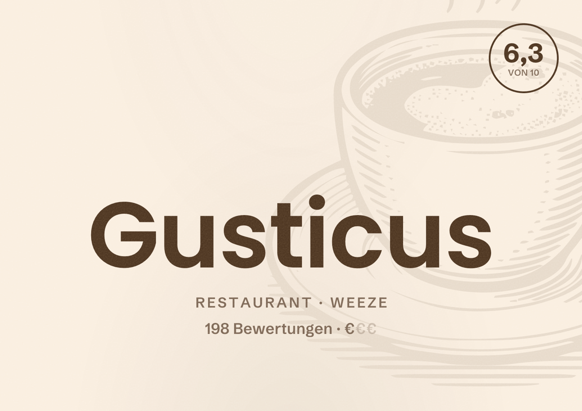 Illustriertes Poster von Gusticus, Restaurant in Weeze: Bewertung 6,3 von 10 aus 198 Bewertungen, Preisniveau €
