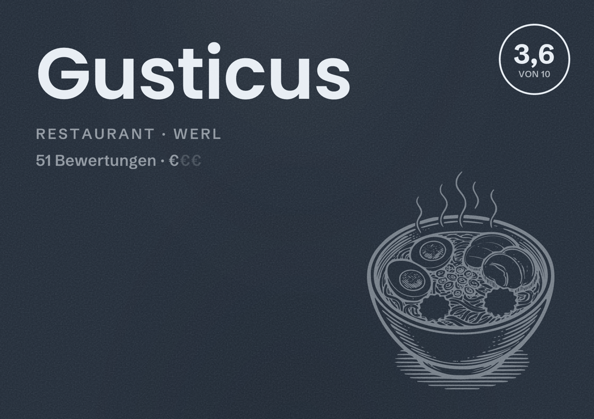 Illustriertes Poster von Gusticus, Restaurant in Werl: Bewertung 3,6 von 10 aus 51 Bewertungen, Preisniveau €