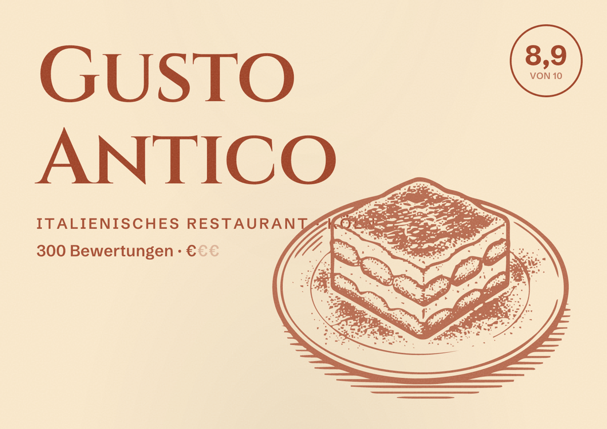 Illustriertes Poster von Gusto Antico, Italienisches Restaurant in Köln: Bewertung 8,9 von 10 aus 300 Bewertungen, Preisniveau €