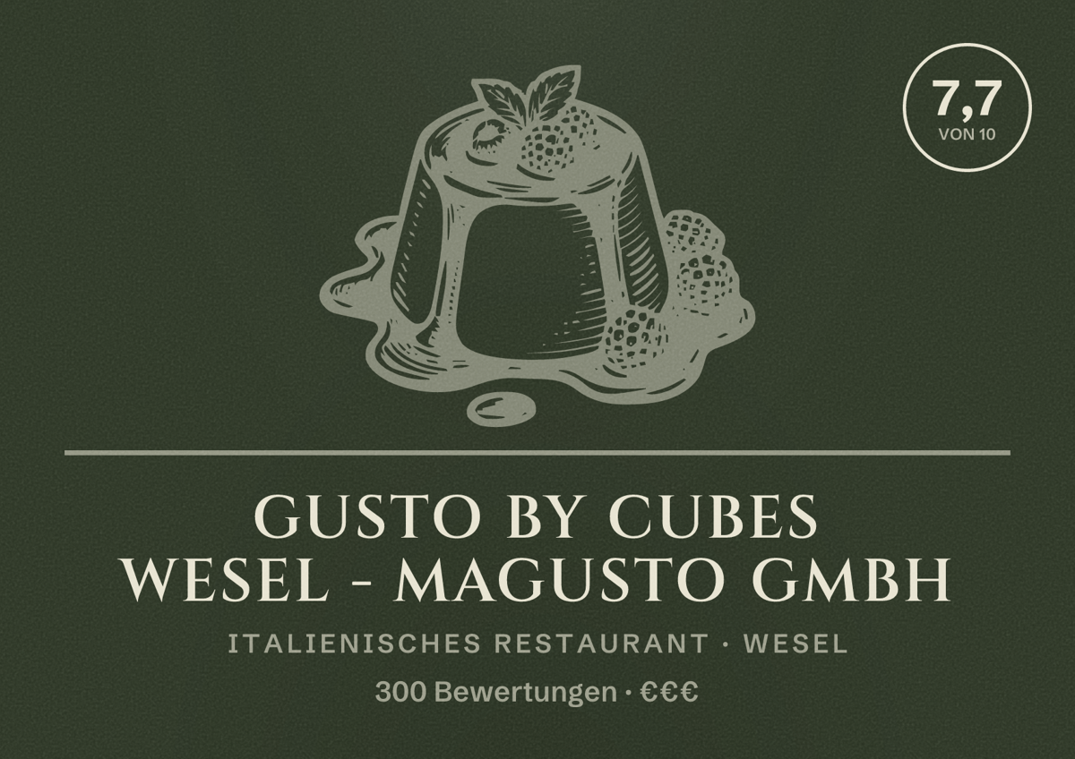 Illustriertes Poster von Gusto by Cubes Wesel - Magusto GmbH, Italienisches Restaurant in Wesel: Bewertung 7,7 von 10 aus 300 Bewertungen, Preisniveau €€€