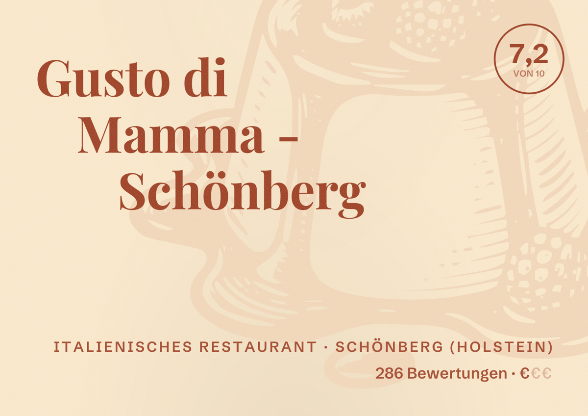 Illustriertes Poster von Gusto di Mamma - Schönberg, Italienisches Restaurant in Schönberg (Holstein): Bewertung 7,2 von 10 aus 286 Bewertungen, Preisniveau €