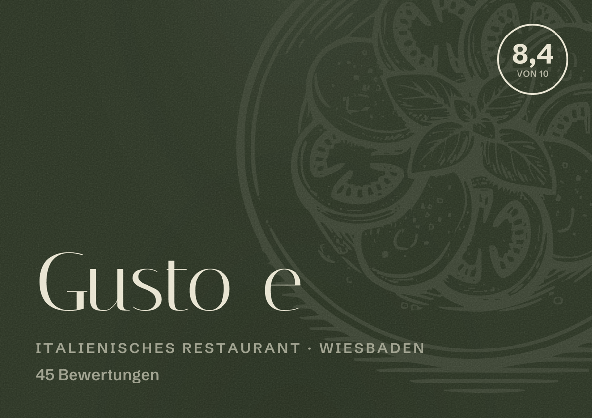 Illustriertes Poster von Gusto e, Italienisches Restaurant in Wiesbaden: Bewertung 8,4 von 10 aus 45 Bewertungen