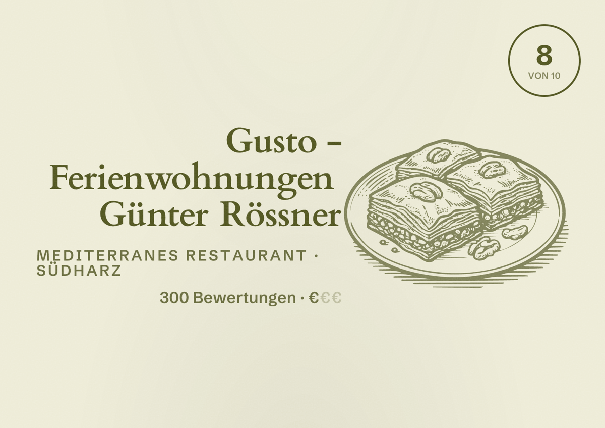 Illustriertes Poster von Gusto - Ferienwohnungen Günter Rössner, Mediterranes Restaurant in Südharz: Bewertung 8 von 10 aus 300 Bewertungen, Preisniveau €