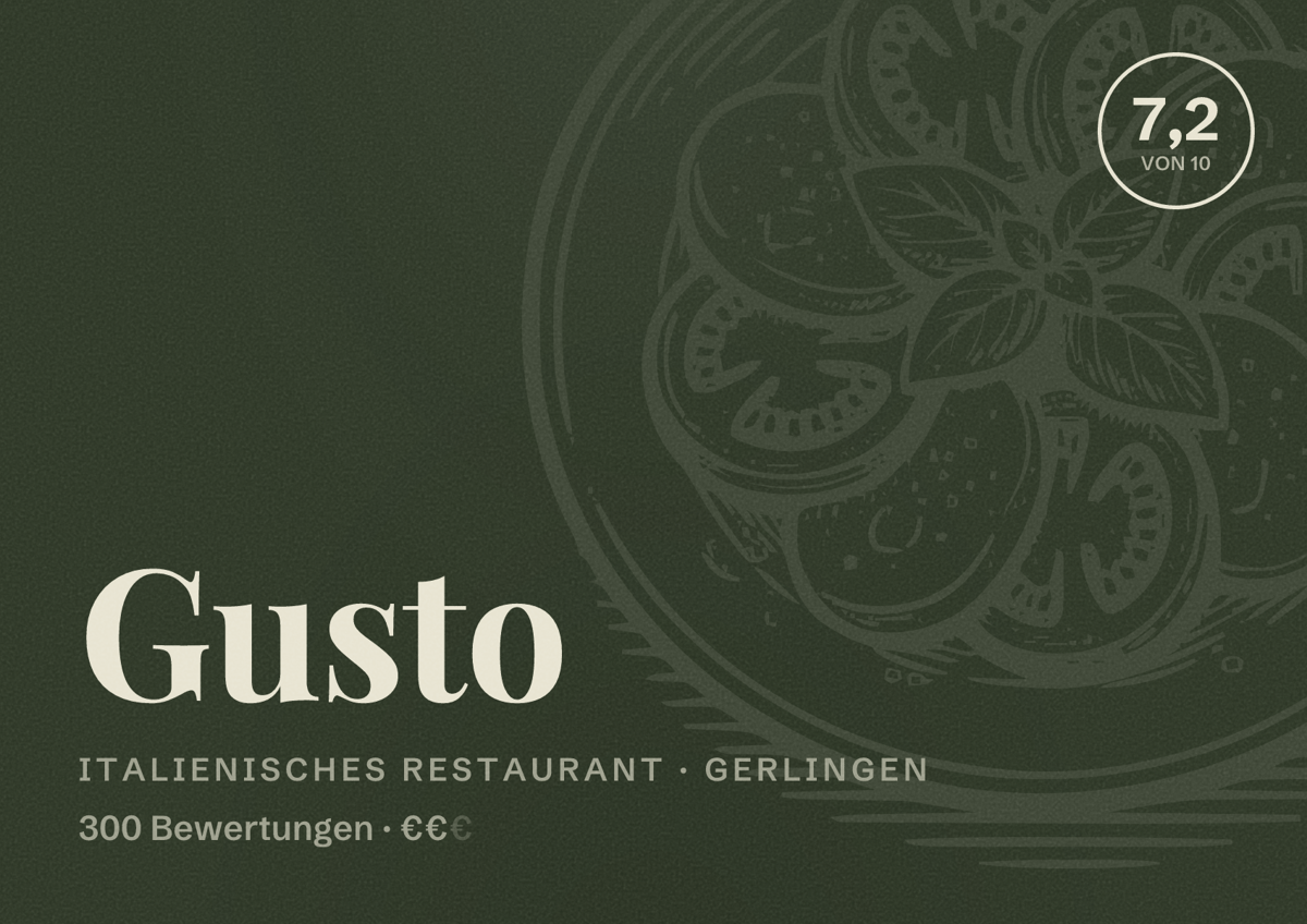 Illustriertes Poster von Gusto, Italienisches Restaurant in Gerlingen: Bewertung 7,2 von 10 aus 300 Bewertungen, Preisniveau €€