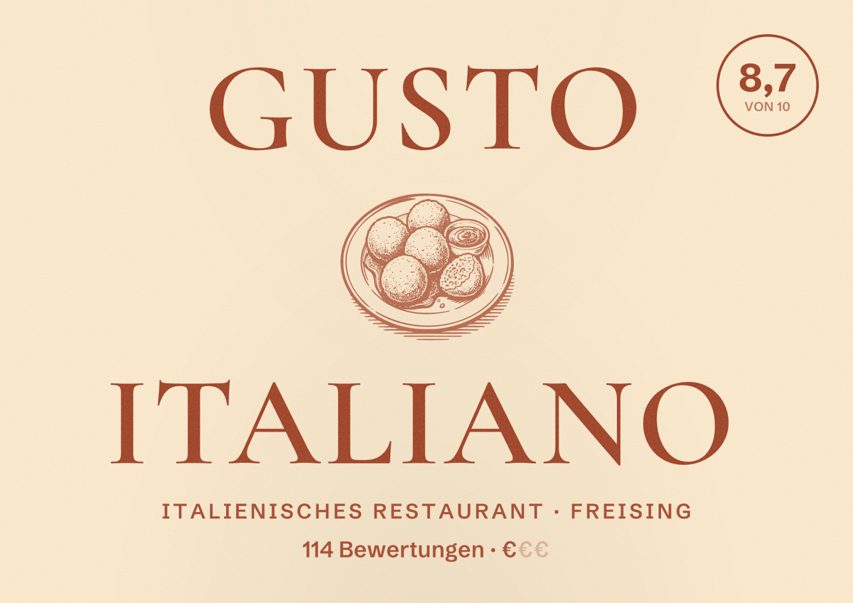Illustriertes Poster von Gusto Italiano, Italienisches Restaurant in Freising: Bewertung 8,7 von 10 aus 114 Bewertungen, Preisniveau €