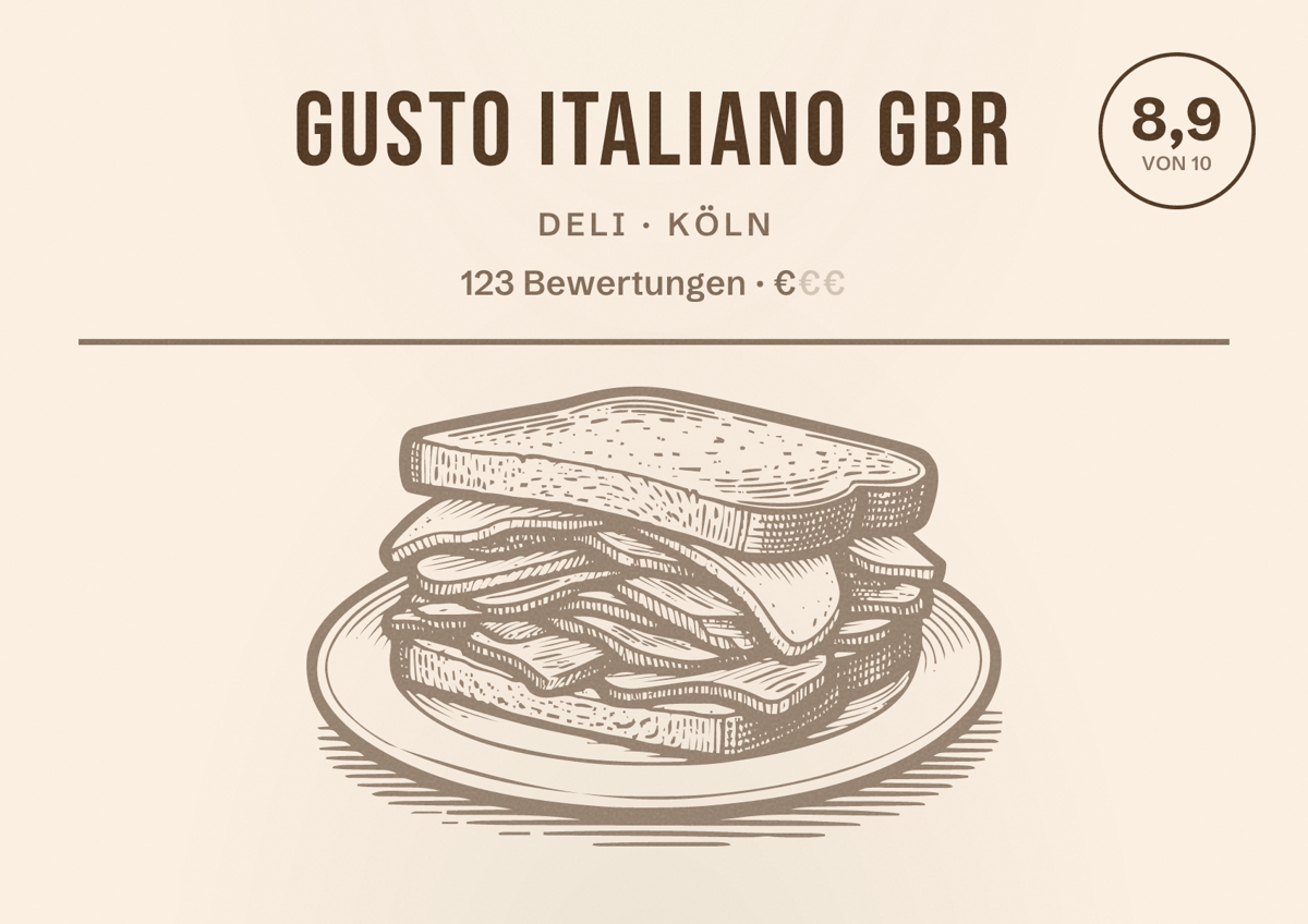 Illustriertes Poster von Gusto Italiano Gbr, Deli in Köln: Bewertung 8,9 von 10 aus 123 Bewertungen, Preisniveau €