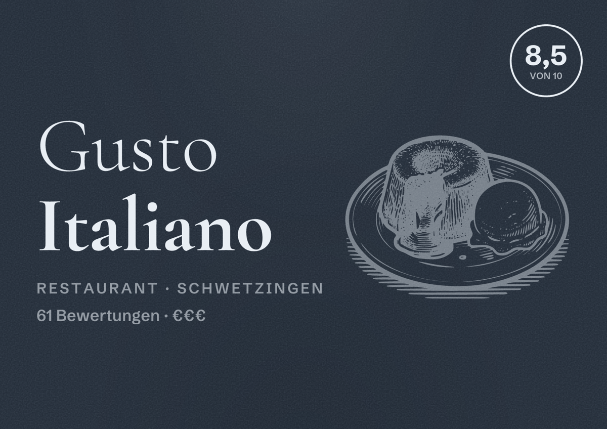 Illustriertes Poster von Gusto Italiano, Restaurant in Schwetzingen: Bewertung 8,5 von 10 aus 61 Bewertungen, Preisniveau €€€