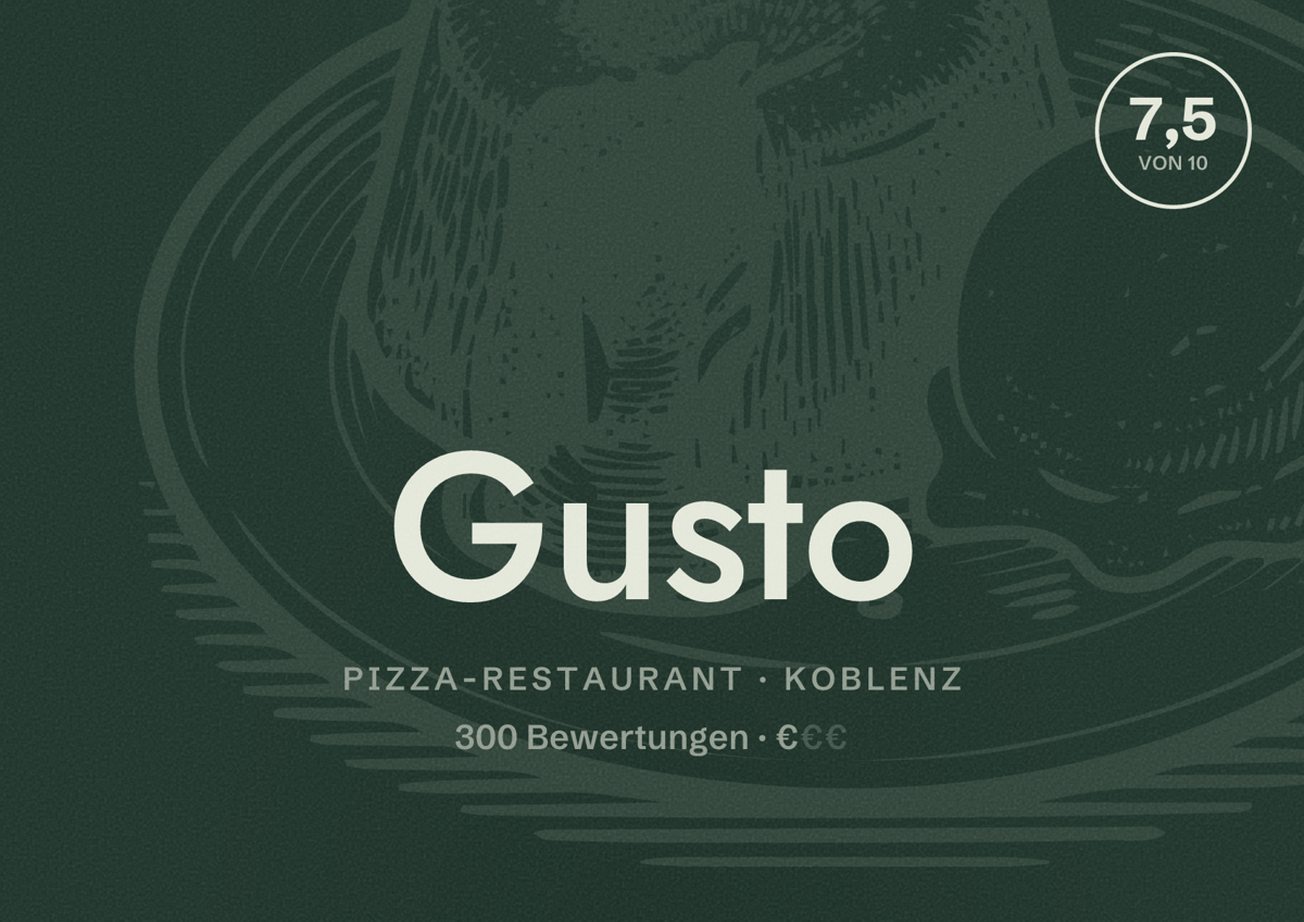 Illustriertes Poster von Gusto, Pizza-Restaurant in Koblenz: Bewertung 7,5 von 10 aus 300 Bewertungen, Preisniveau €