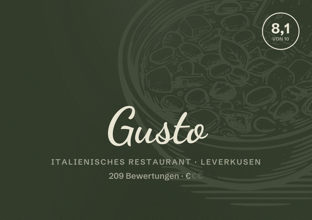 Illustriertes Poster von Gusto, Italienisches Restaurant in Leverkusen: Bewertung 8,1 von 10 aus 209 Bewertungen, Preisniveau €