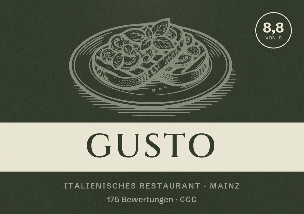 Illustriertes Poster von Gusto, Italienisches Restaurant in Mainz: Bewertung 8,8 von 10 aus 175 Bewertungen, Preisniveau €€€