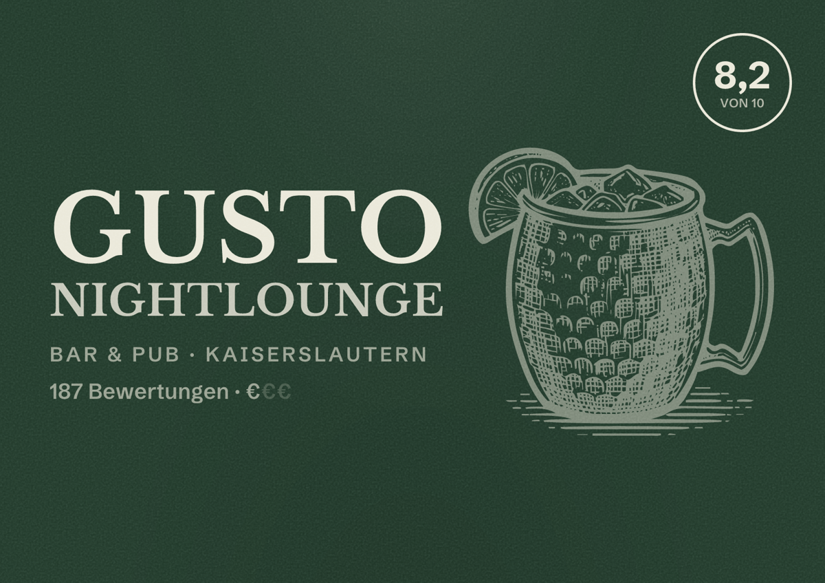 Illustriertes Poster von Gusto nightlounge, Bar & Pub in Kaiserslautern: Bewertung 8,2 von 10 aus 187 Bewertungen, Preisniveau €