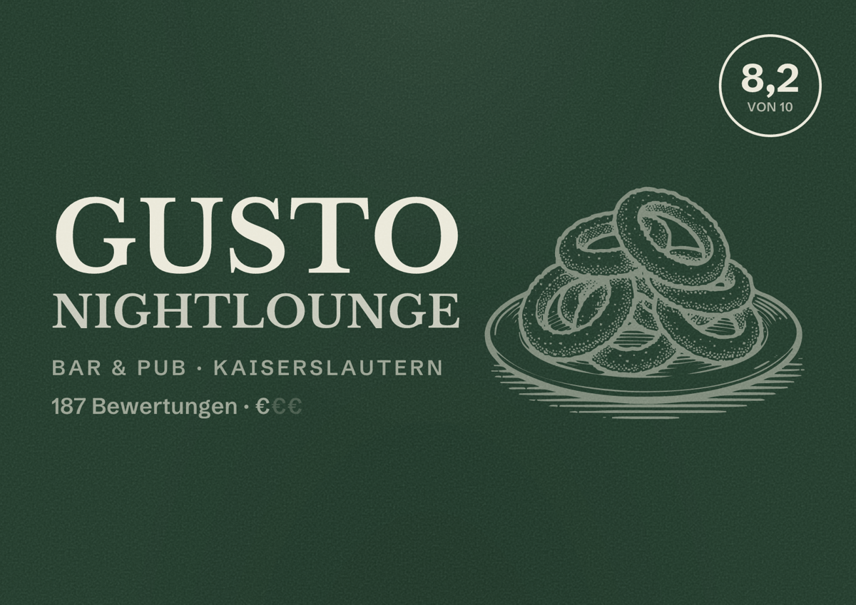 Illustriertes Poster von Gusto nightlounge, Bar & Pub in Kaiserslautern: Bewertung 8,2 von 10 aus 187 Bewertungen, Preisniveau €