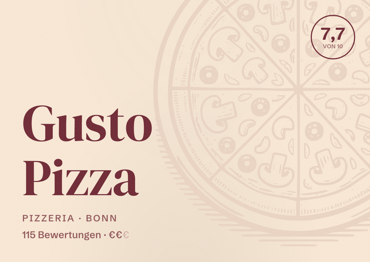 Illustriertes Poster von Gusto Pizza, Pizzeria in Bonn: Bewertung 7,7 von 10 aus 115 Bewertungen, Preisniveau €€