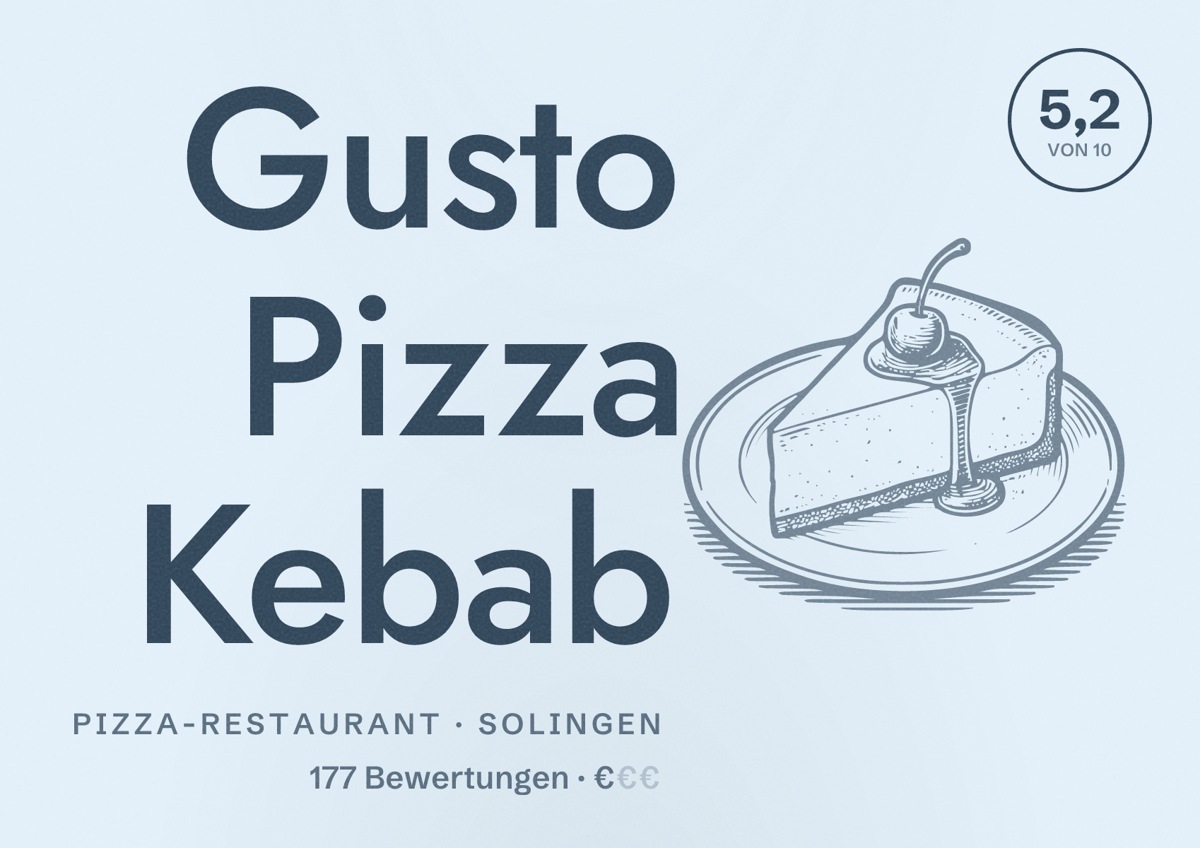 Illustriertes Poster von Gusto Pizza Kebab, Pizza-Restaurant in Solingen: Bewertung 5,2 von 10 aus 177 Bewertungen, Preisniveau €