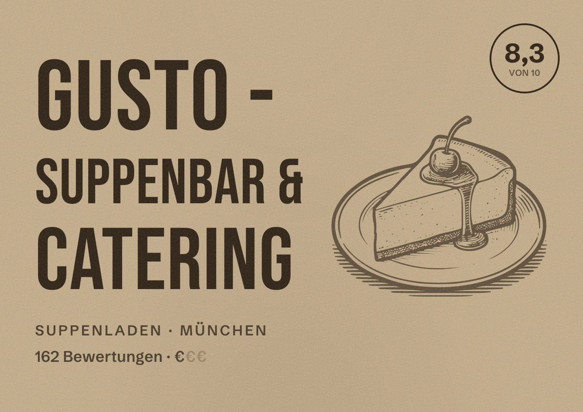 Illustriertes Poster von Gusto - Suppenbar & Catering, Suppenladen in München: Bewertung 8,3 von 10 aus 162 Bewertungen, Preisniveau €