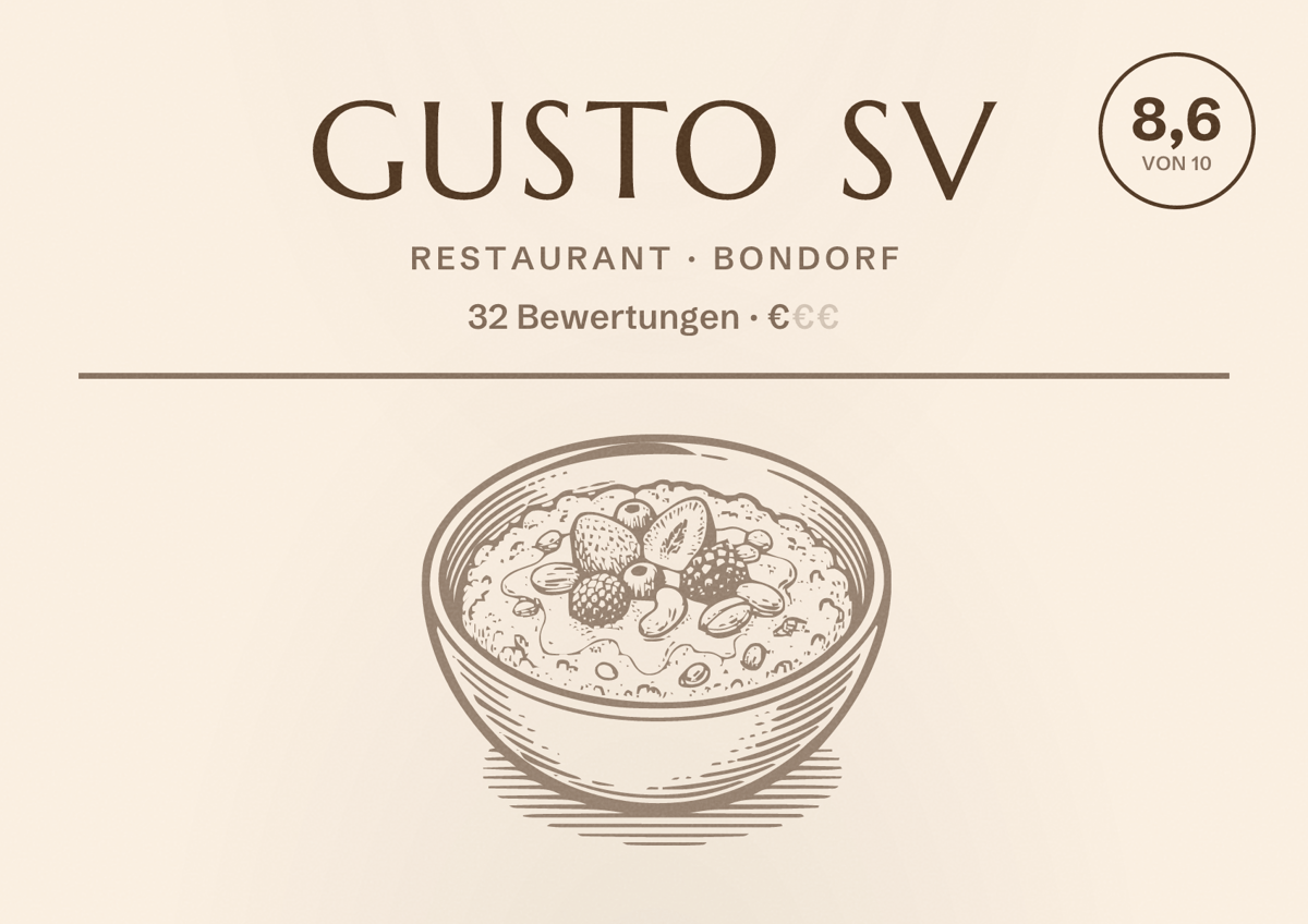 Illustriertes Poster von GUSTO SV, Restaurant in Bondorf: Bewertung 8,6 von 10 aus 32 Bewertungen, Preisniveau €