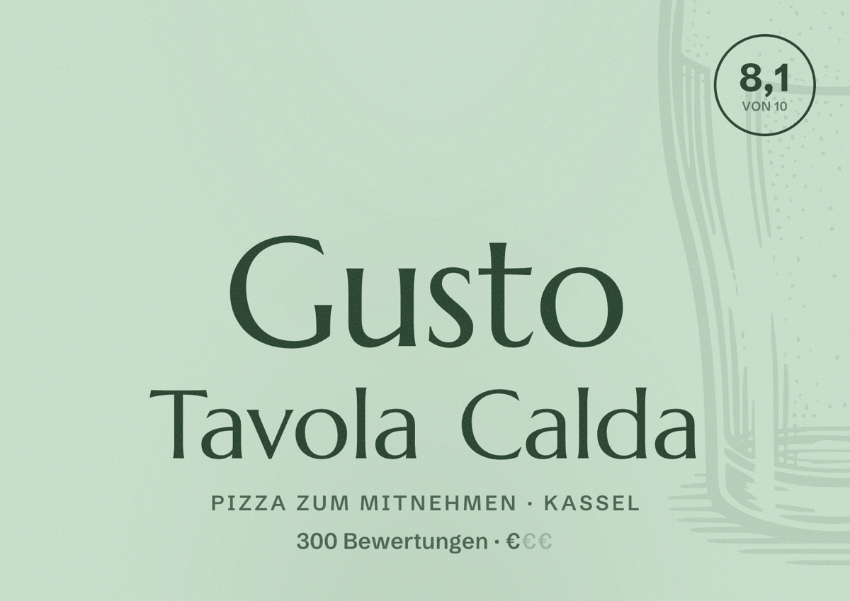 Illustriertes Poster von Gusto Tavola Calda, Pizza zum Mitnehmen in Kassel: Bewertung 8,1 von 10 aus 300 Bewertungen, Preisniveau €