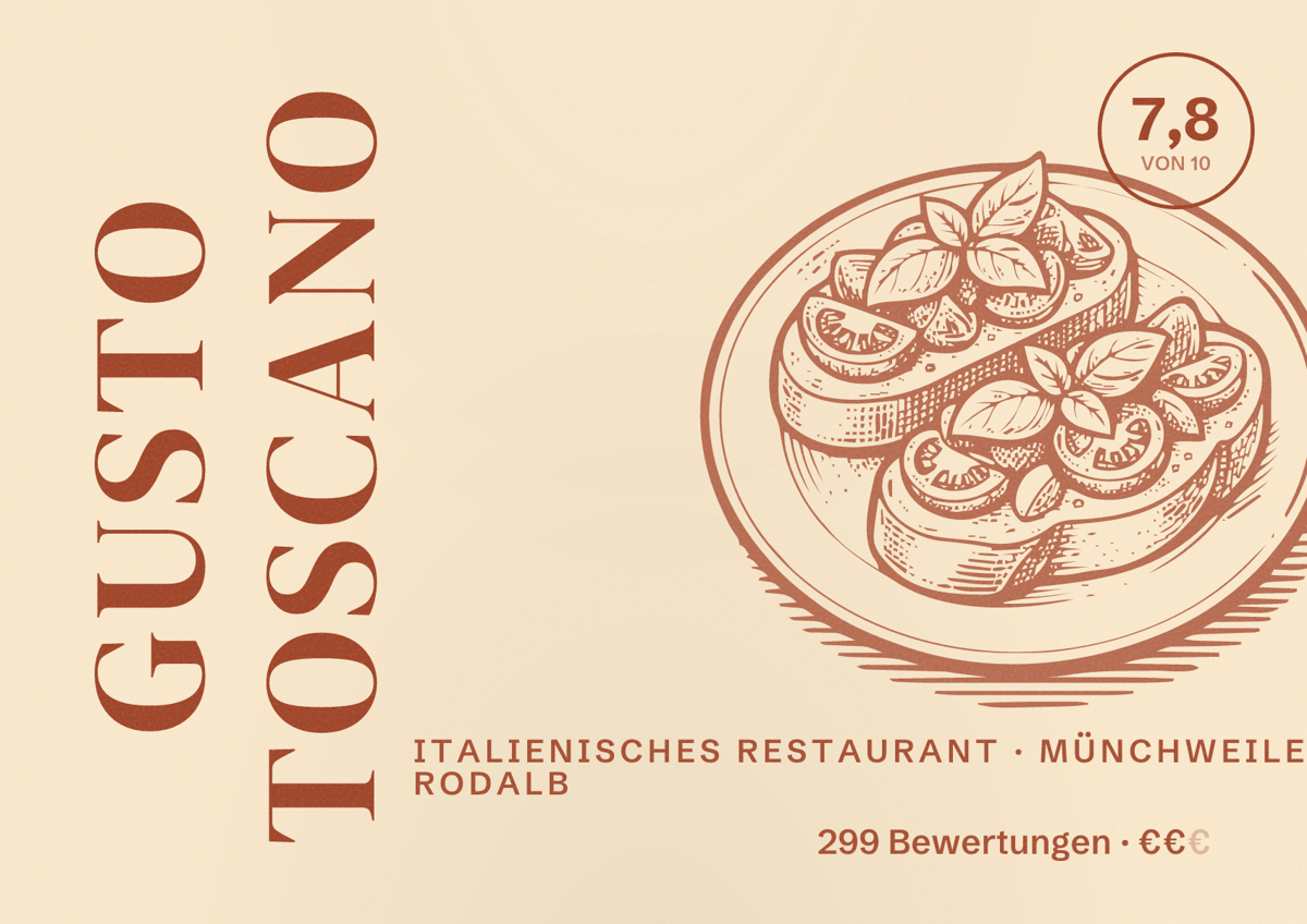 Illustriertes Poster von Gusto Toscano, Italienisches Restaurant in Münchweiler an der Rodalb: Bewertung 7,8 von 10 aus 299 Bewertungen, Preisniveau €€