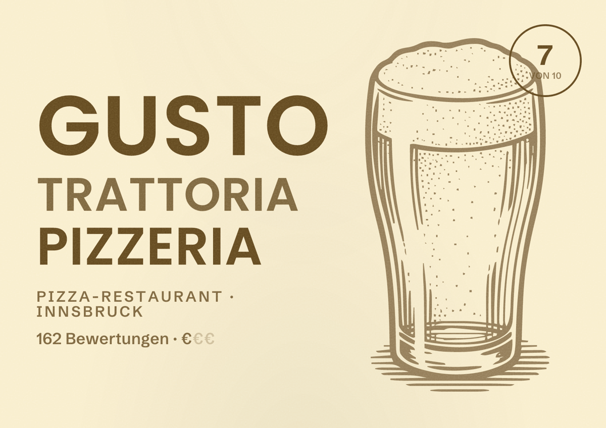 Illustriertes Poster von Gusto Trattoria Pizzeria, Pizza-Restaurant in Innsbruck: Bewertung 7 von 10 aus 162 Bewertungen, Preisniveau €