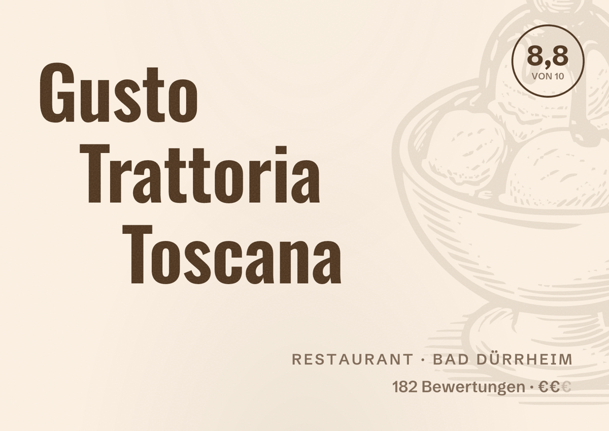 Illustriertes Poster von Gusto Trattoria Toscana, Restaurant in Bad Dürrheim: Bewertung 8,8 von 10 aus 182 Bewertungen, Preisniveau €€