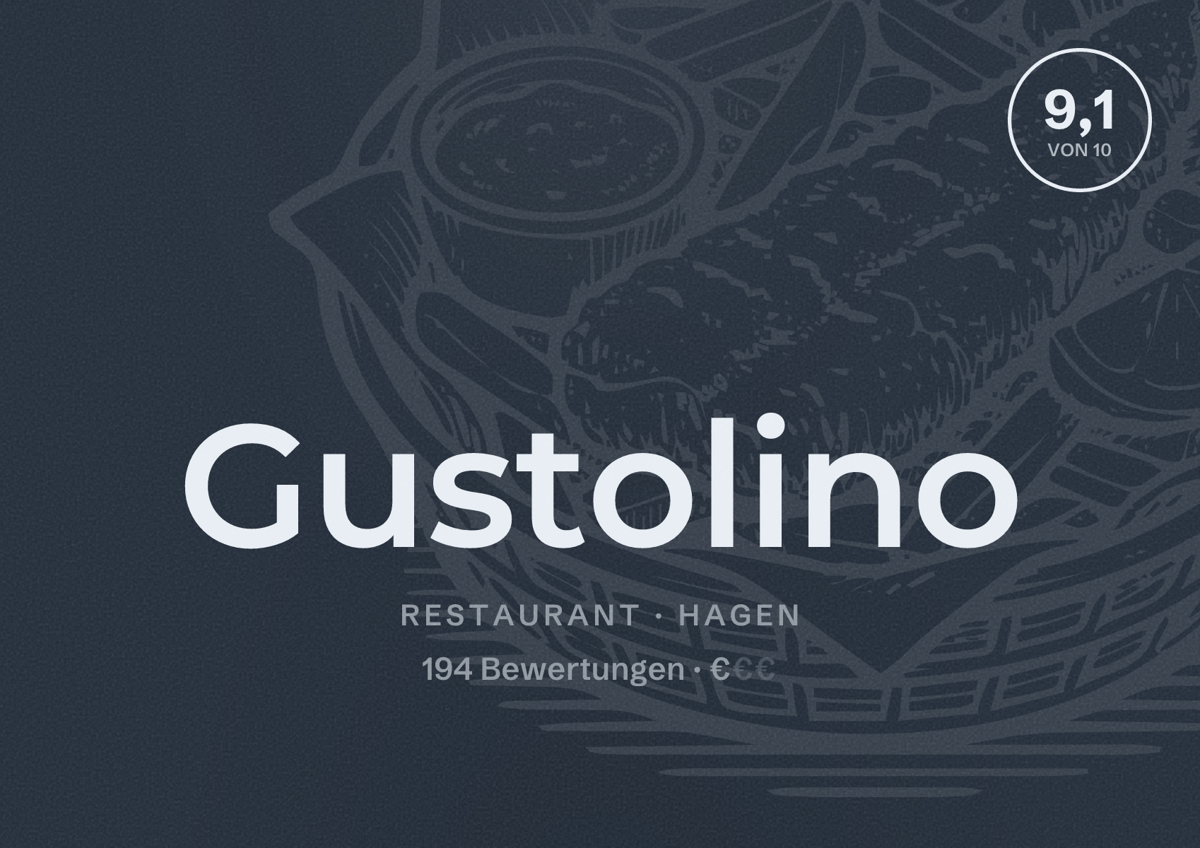Illustriertes Poster von Gustolino, Restaurant in Hagen: Bewertung 9,1 von 10 aus 194 Bewertungen, Preisniveau €