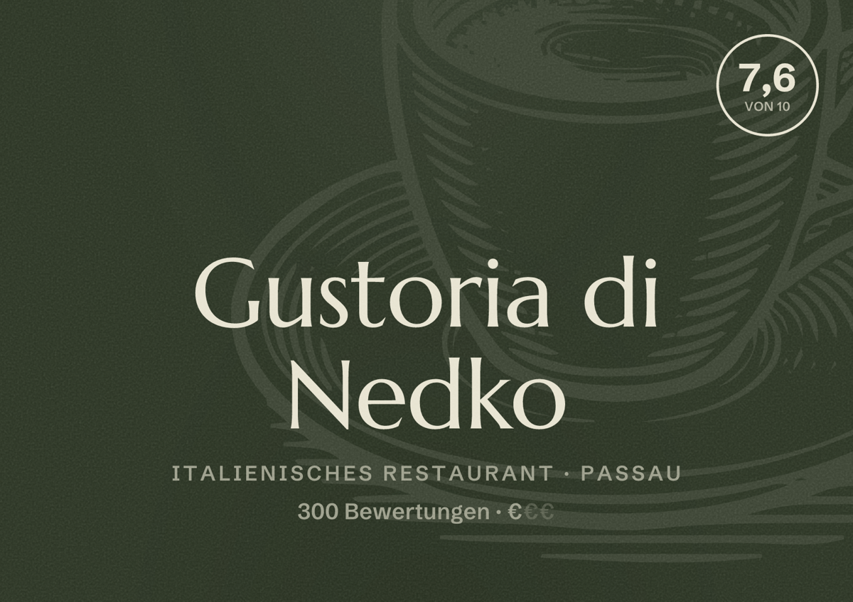 Illustriertes Poster von Gustoria di Nedko, Italienisches Restaurant in Passau: Bewertung 7,6 von 10 aus 300 Bewertungen, Preisniveau €