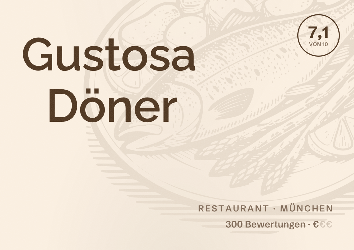 Illustriertes Poster von Gustosa Döner, Restaurant in München: Bewertung 7,1 von 10 aus 300 Bewertungen, Preisniveau €