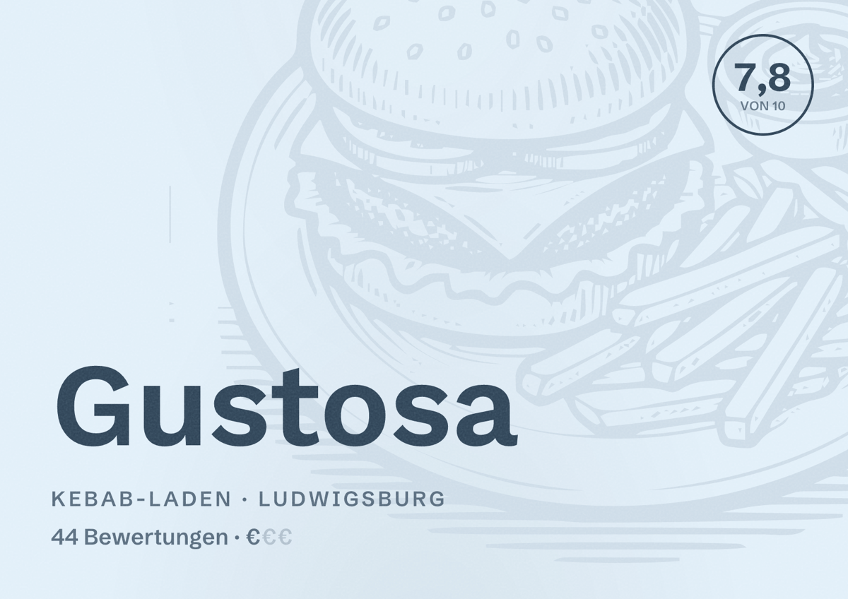 Illustriertes Poster von Gustosa, Kebab-Laden in Ludwigsburg: Bewertung 7,8 von 10 aus 44 Bewertungen, Preisniveau €
