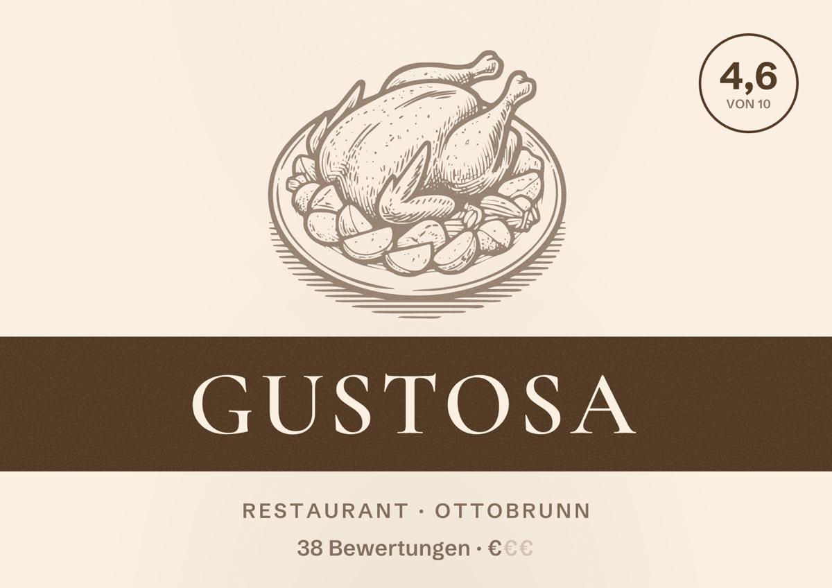 Illustriertes Poster von Gustosa, Restaurant in Ottobrunn: Bewertung 4,6 von 10 aus 38 Bewertungen, Preisniveau €